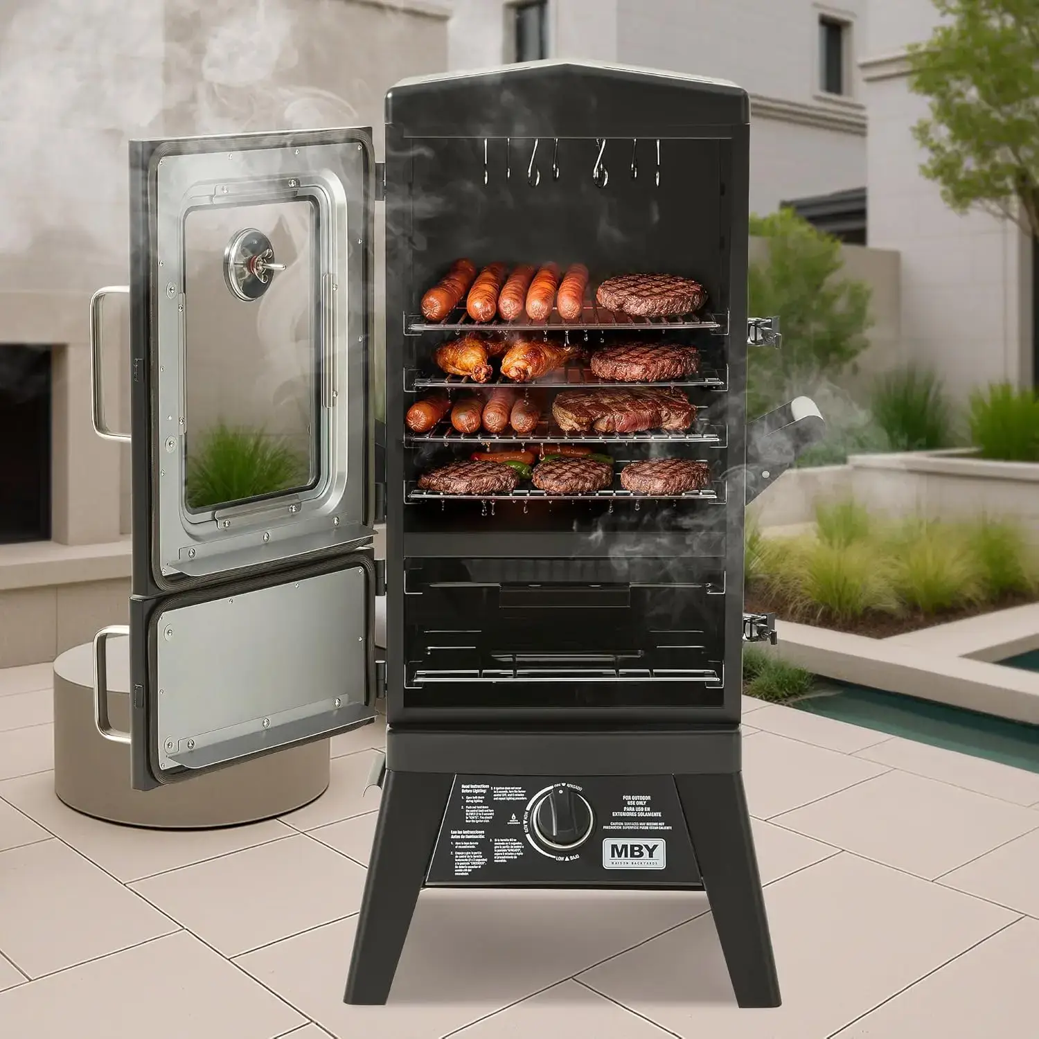 MBY Large Vertical Propane Smoker with Cover & 4 Cooking Grates, Large Cooking Space, Heavy Duty & Weather-Resistant for Outdoor,Smoke Ribs,Brisket,Chicken Grills Meat