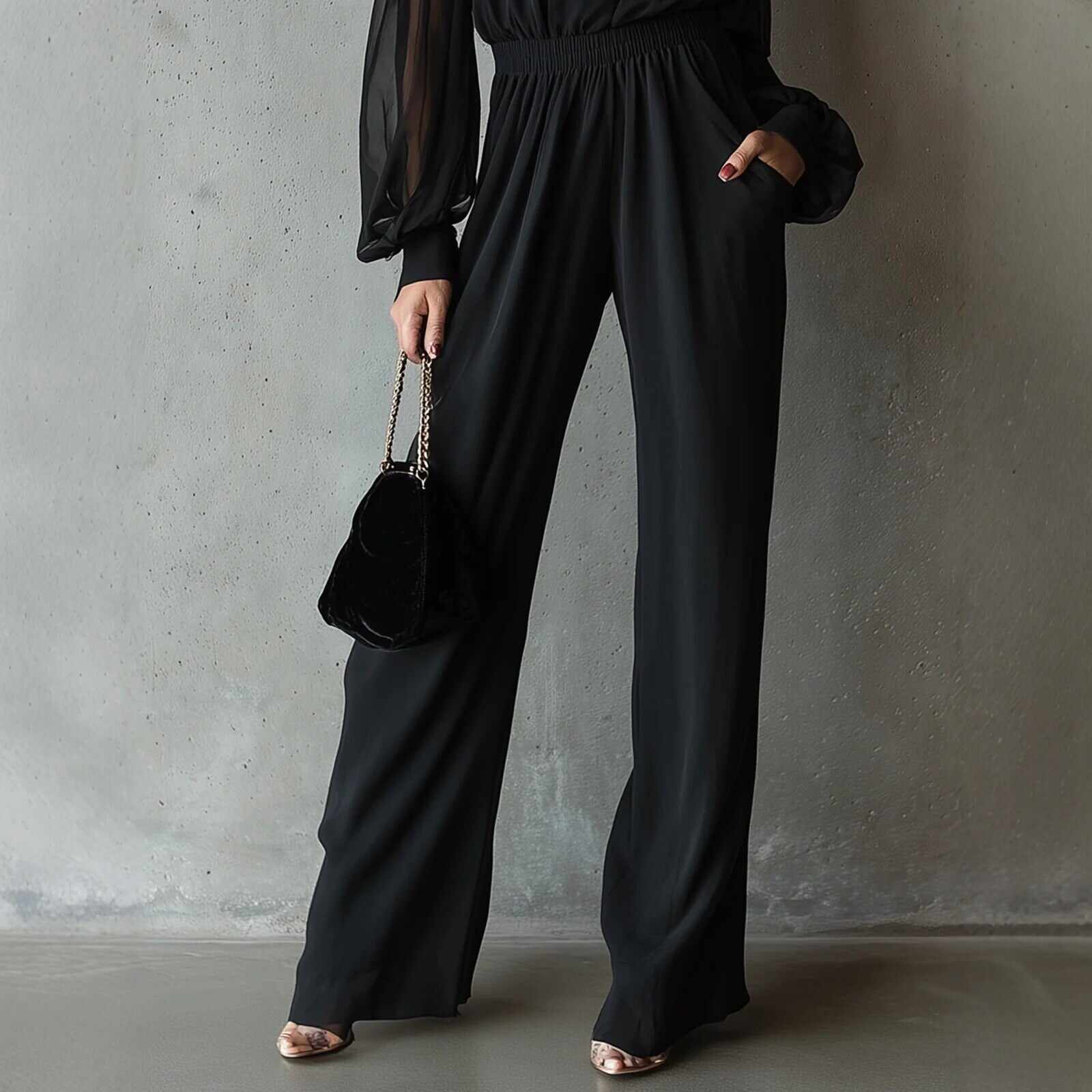 Black Embroidered Women'S Long-Sleeved Jumpsuit