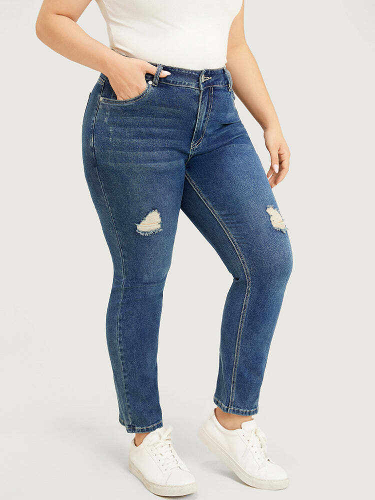 Straight Leg Very Stretchy High Rise Medium Wash Jeans