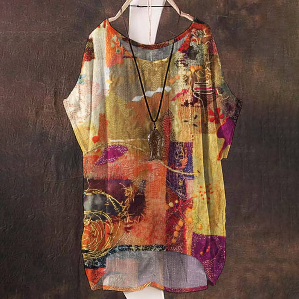 Vintage Boho Floral Patchwork Printed Women's Linen Flowy Shirt