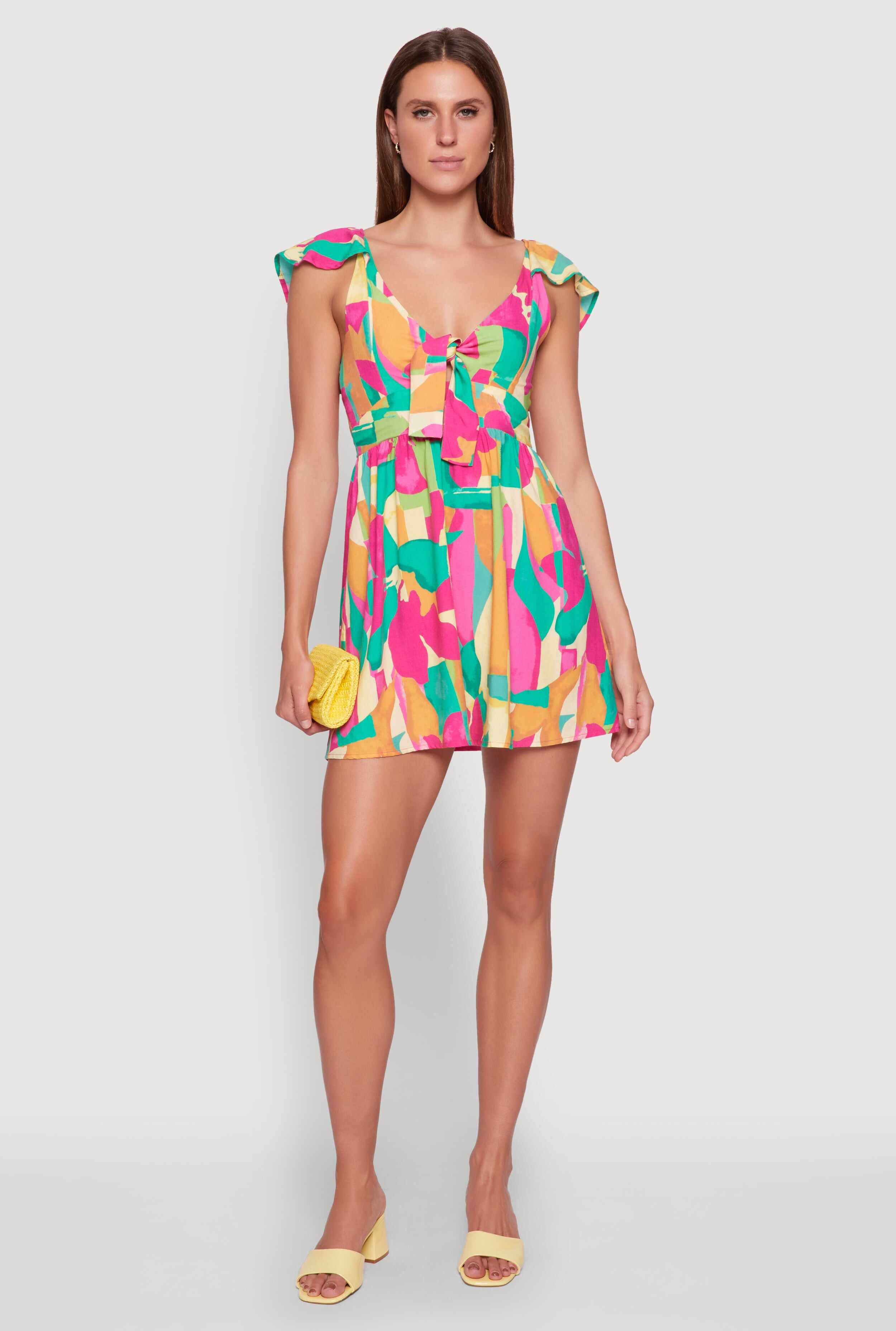 Trendy Tie Front V-Neck Sundress with Flutter Cap Sleeves