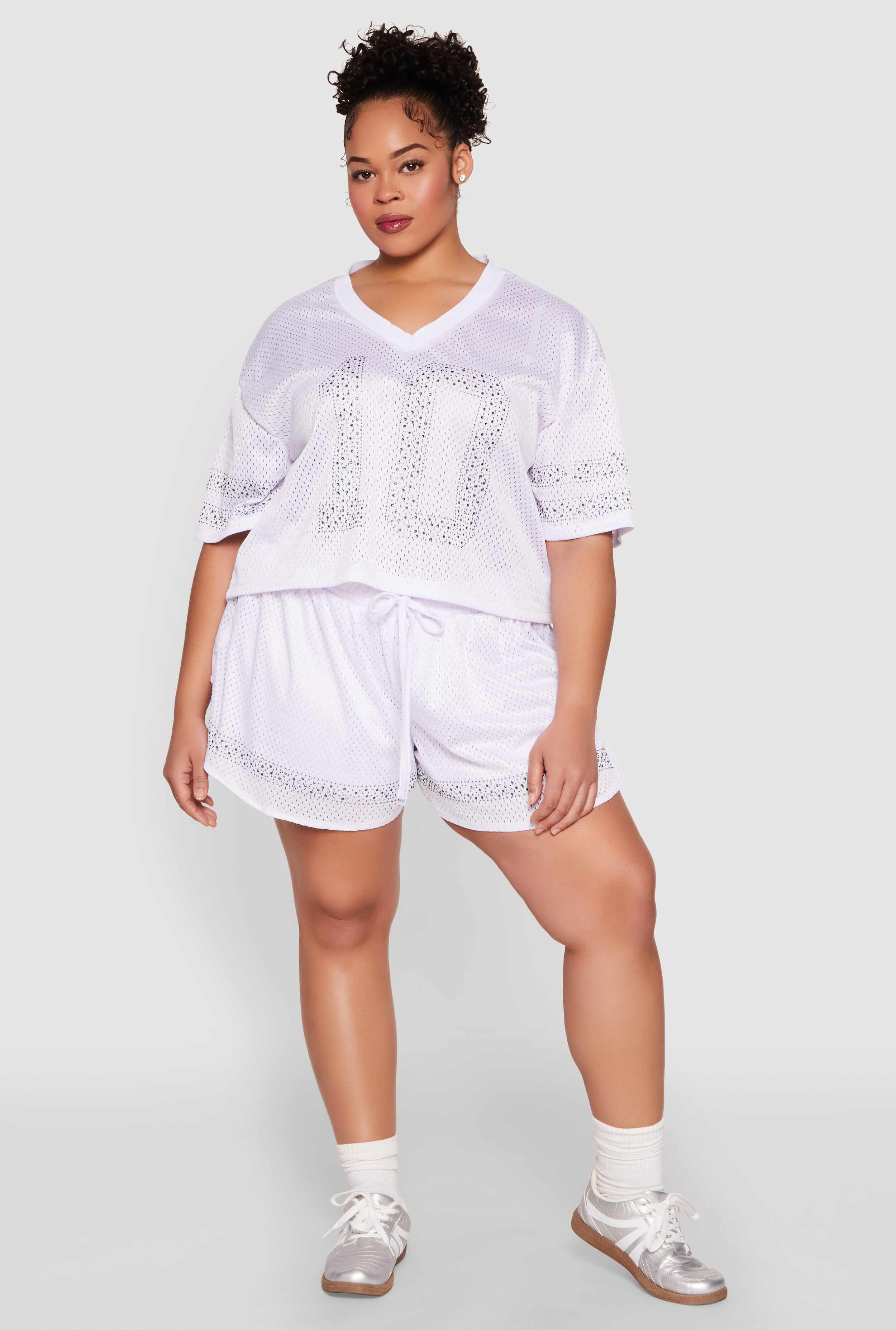 Plus Size Rhinestone Graphic Print Mesh Jersey