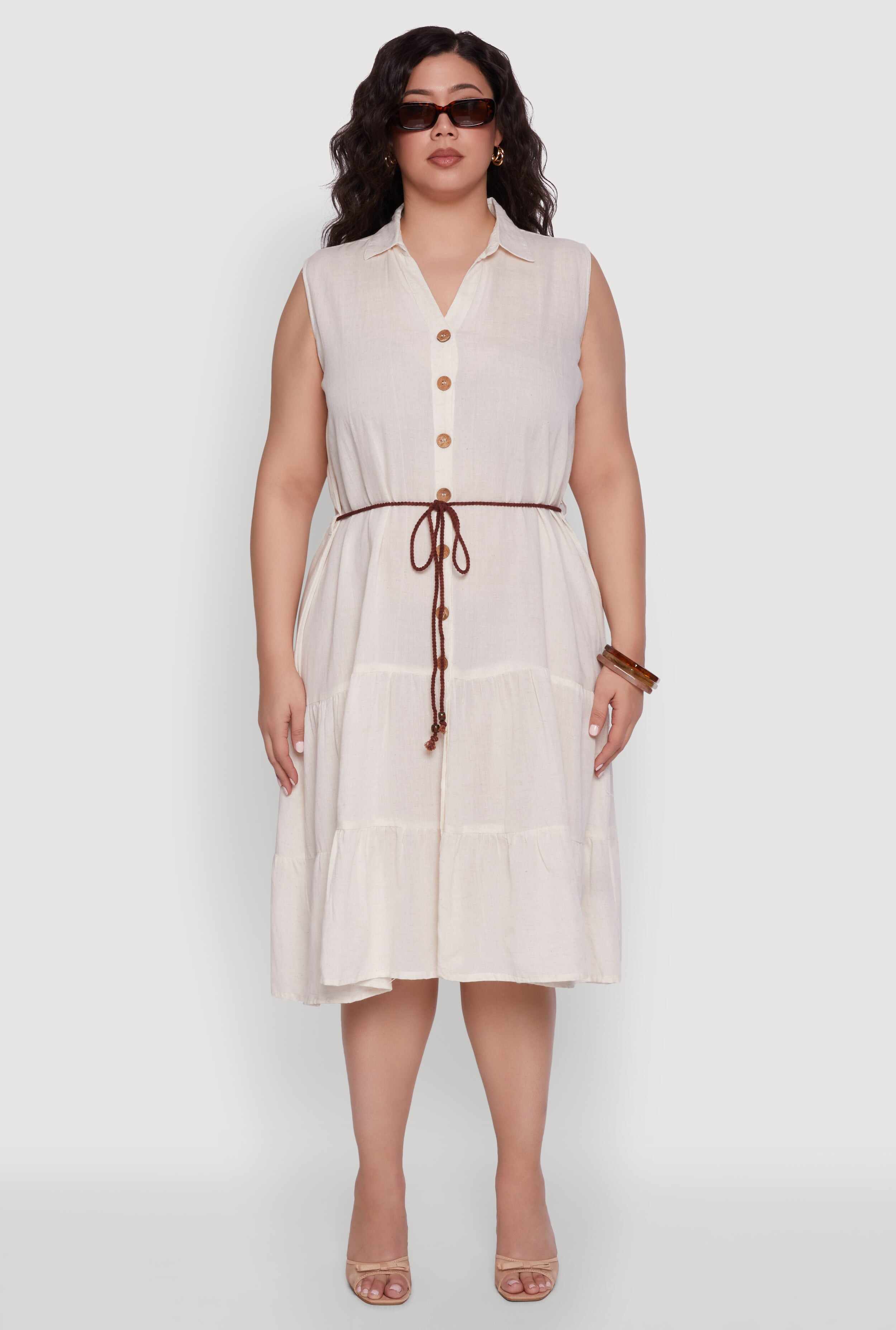 Plus Size Linen Sleeveless Button Front Dress