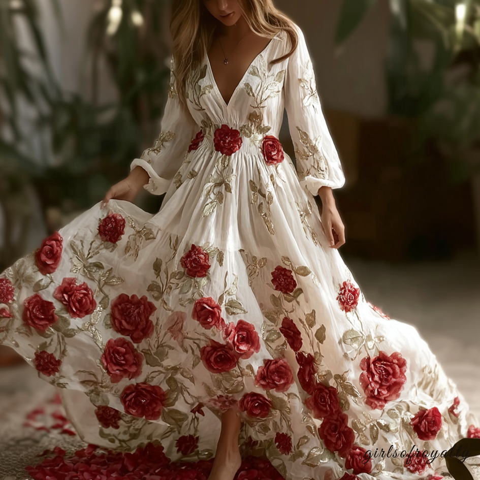 Bohemian Style Red Rose Retro Cotton And Linen Woman's V-neck Dress