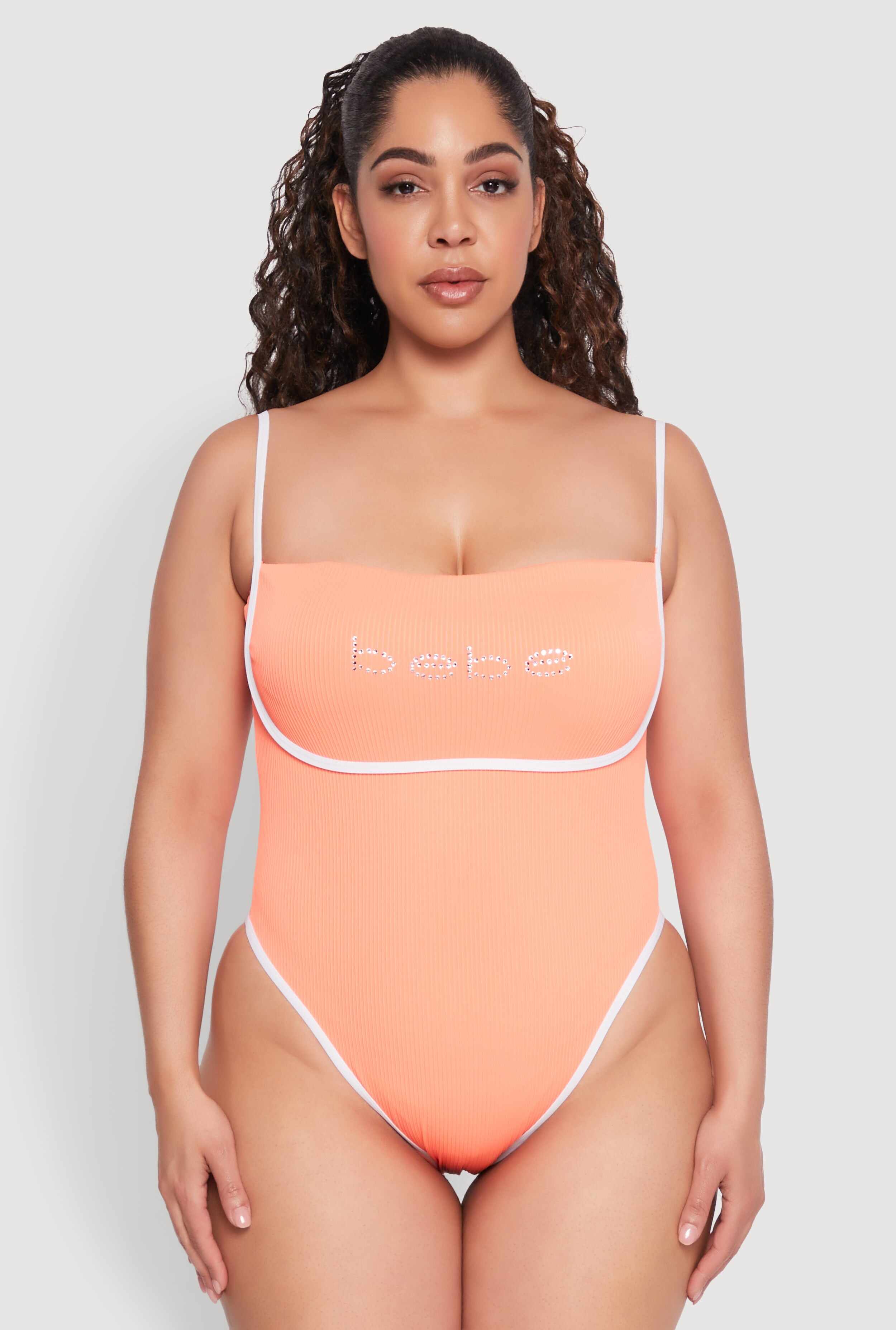 Plus Size Bebe Rhinestone Tie Back One Piece Swimsuit