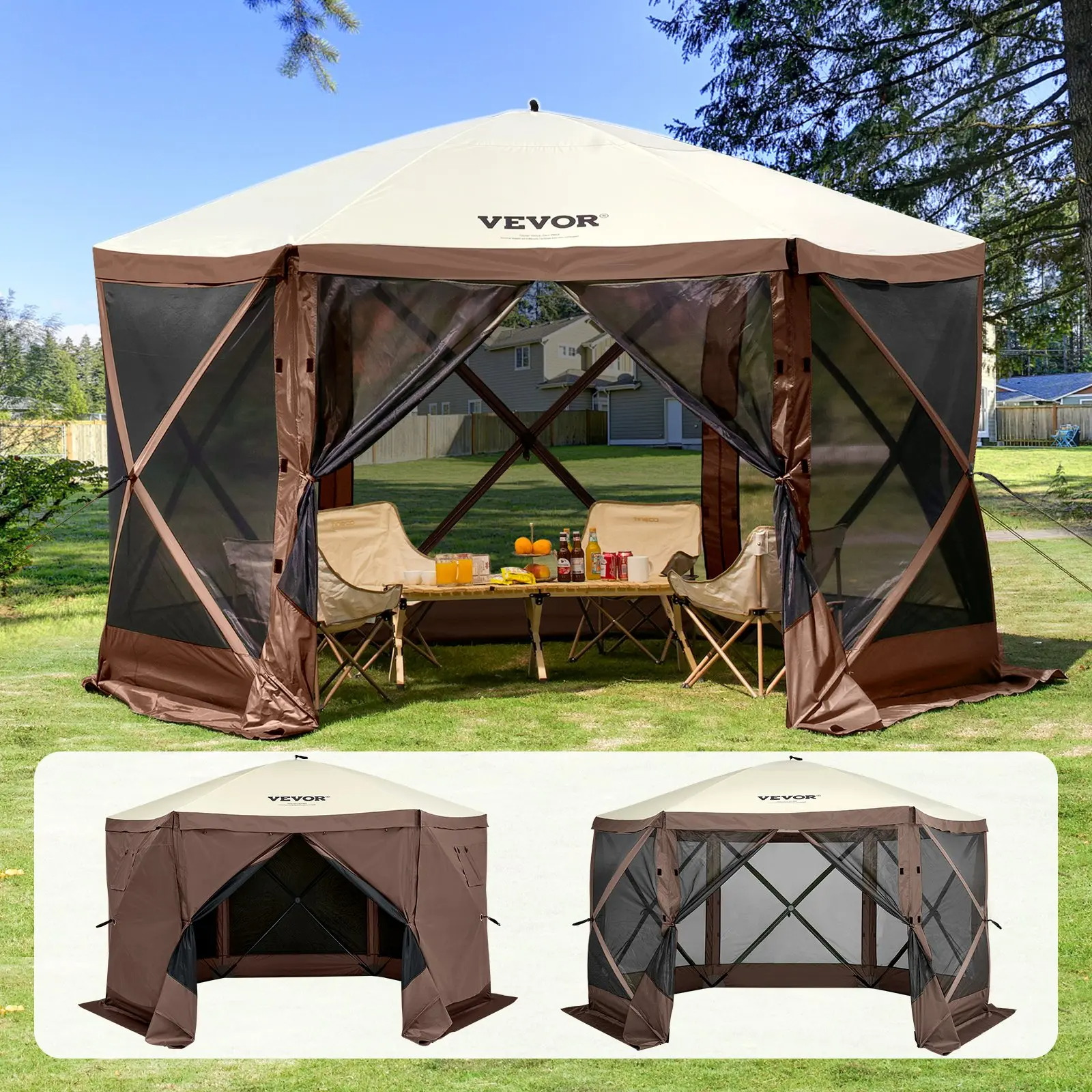 Camping Gazebo Screen Tent, 12*12ft, 6 Sided Pop-up Canopy Shelter Tent with Mesh Windows, Portable Carry Bag, Stakes, Large Shade Tents for Outdoor Camping, Lawn and Backyard, Brown/Beige