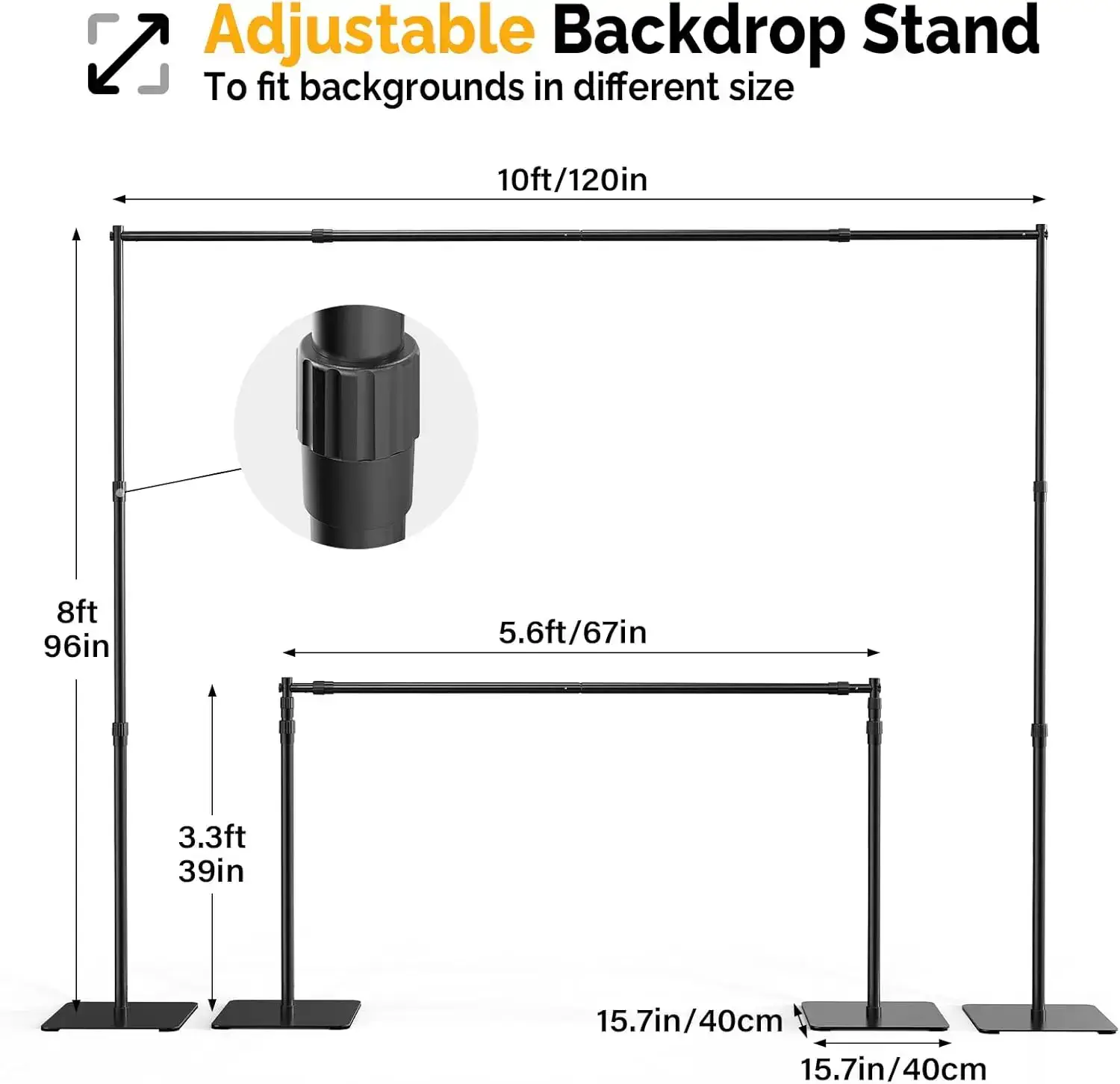8x10ft Adjustable Photo Backdrop Stand Kit, Heavy-Duty Steel Background Support Stand for Studio Shooting, Parties & Wedding Events
