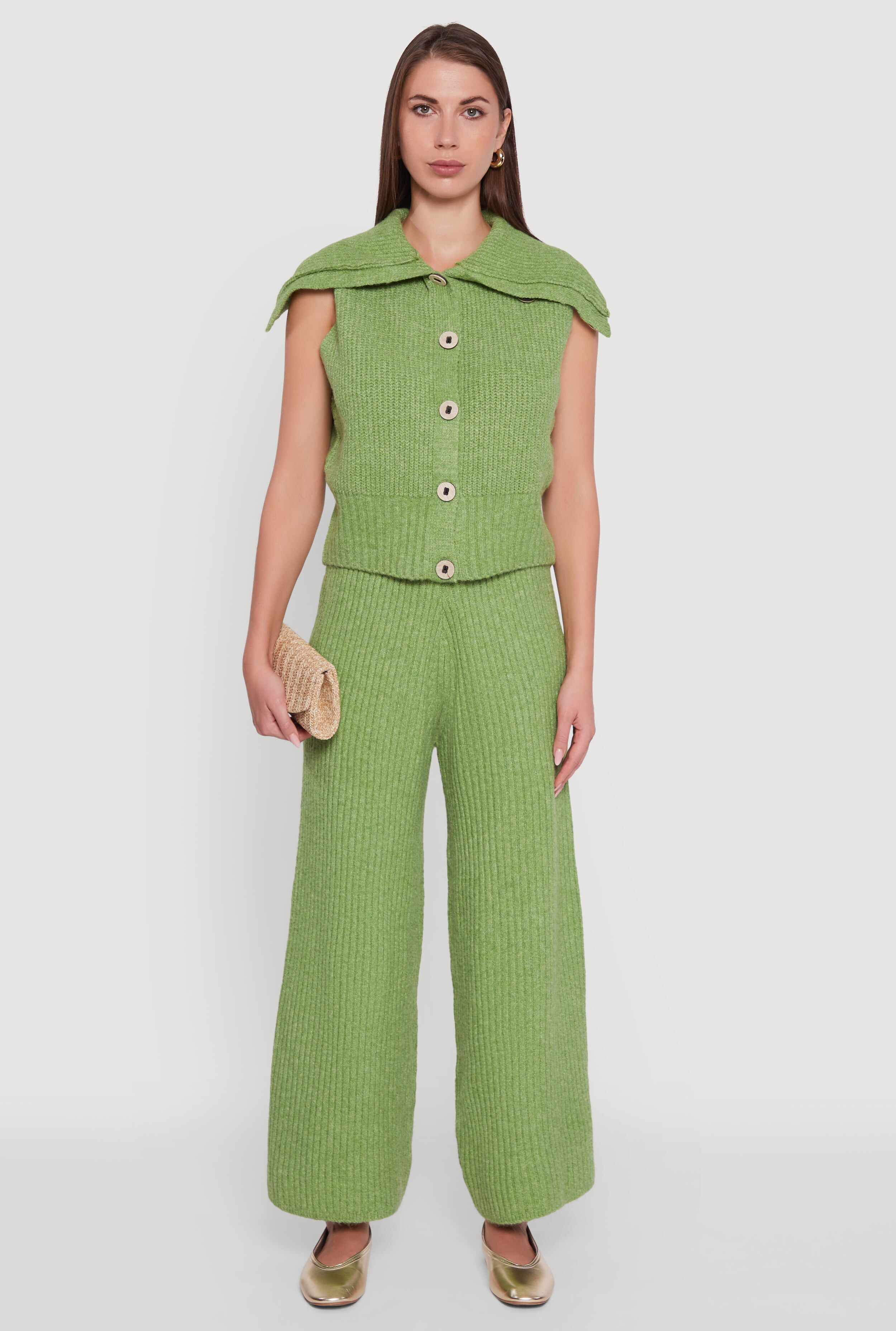 Brushed Ribbed Knit Pull On Wide Leg Pants