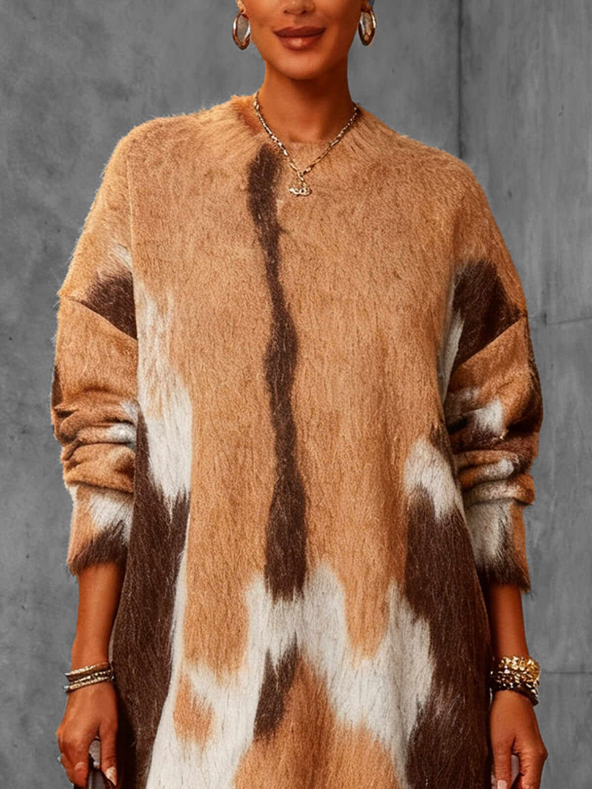 Brown Fuzzy Animal Print Knit Sweater Dress