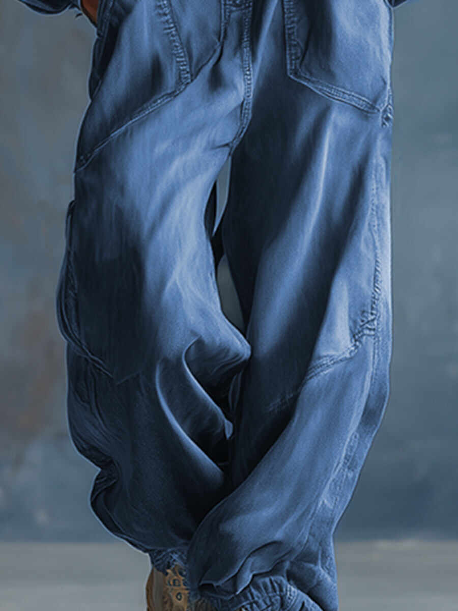 Casual Loose-fit Hooded Blue Denim Button-front Long-sleeved Jumpsuit