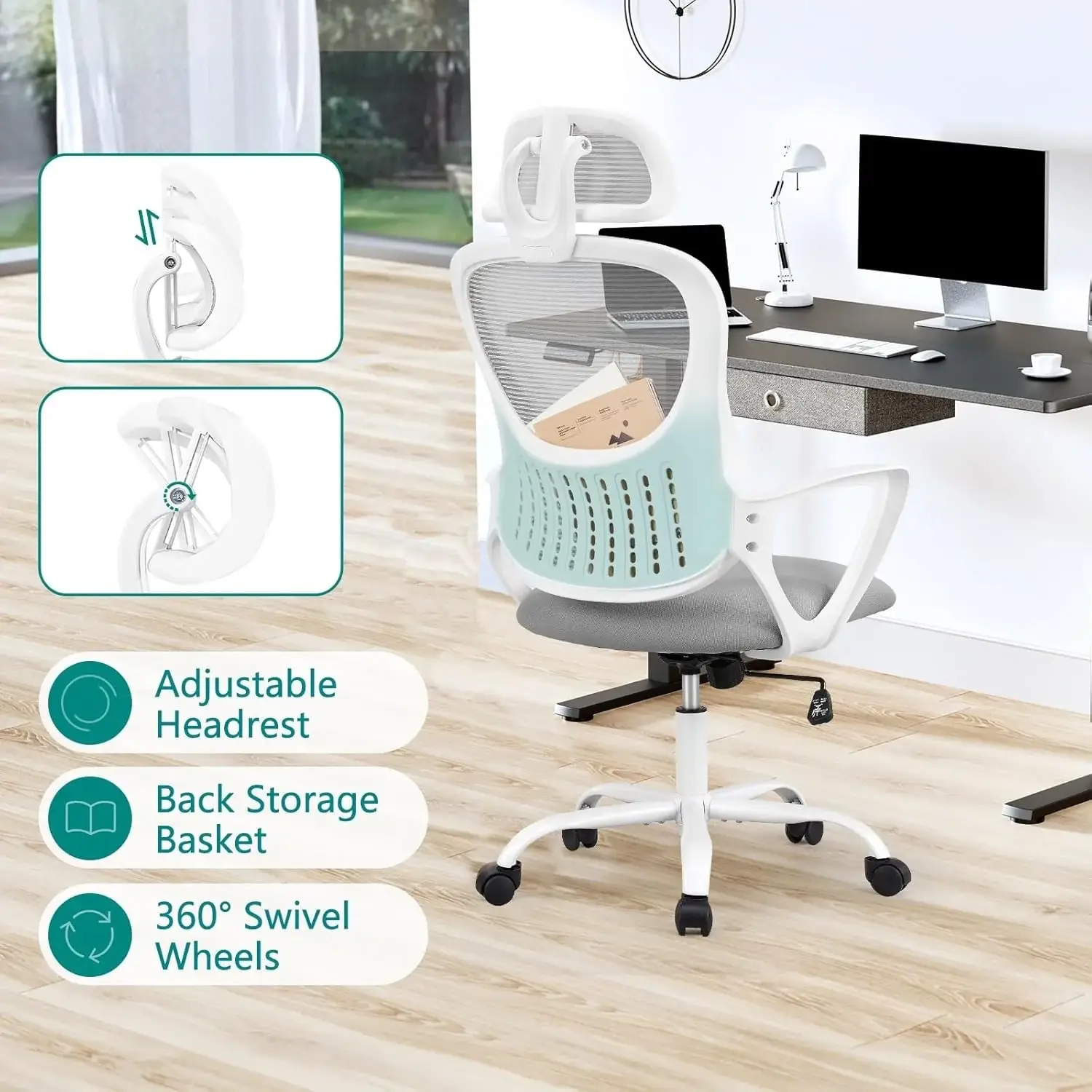 Ergonomic Office Chair, High Back Desk Chair with Headrest, Home Office Swivel Mesh Computer Chair, Executive Office Chair