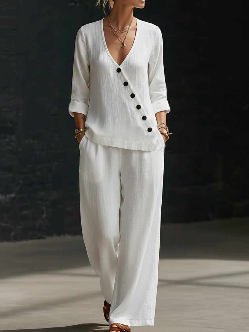 🔥Summer Arrivals🌟Minimalist V-neck Shirt And Wide-leg Pants Two-piece Set