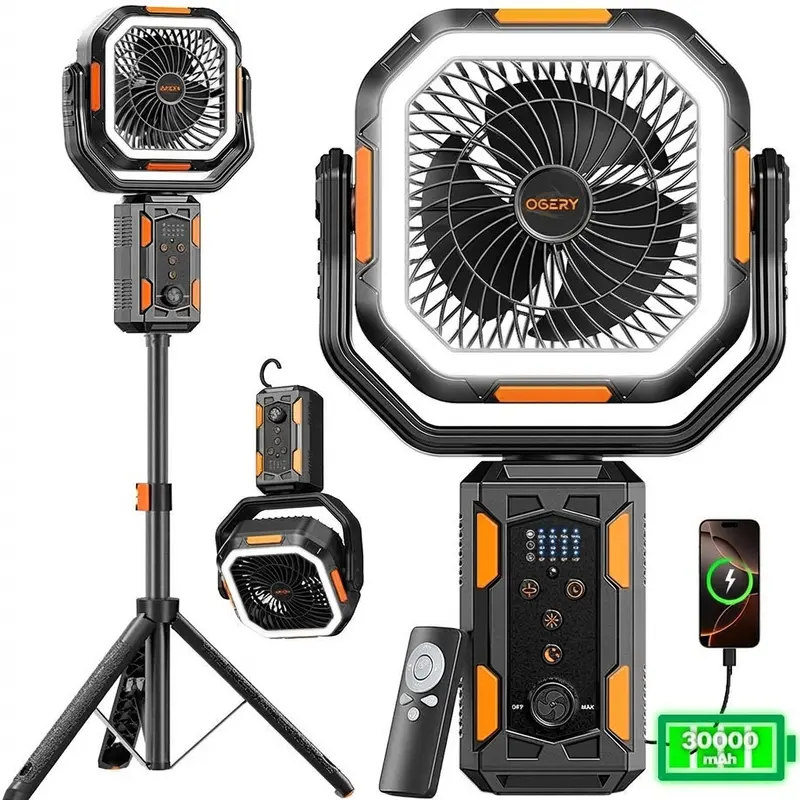 4 in 1 Cordless Camping Fan, 30000mAh Rechargeable Fan with Detachable Tripod, LED Lights & 270° Pivot, Remote Control Oscillating Portable Fan for Tent Travel Bedroom