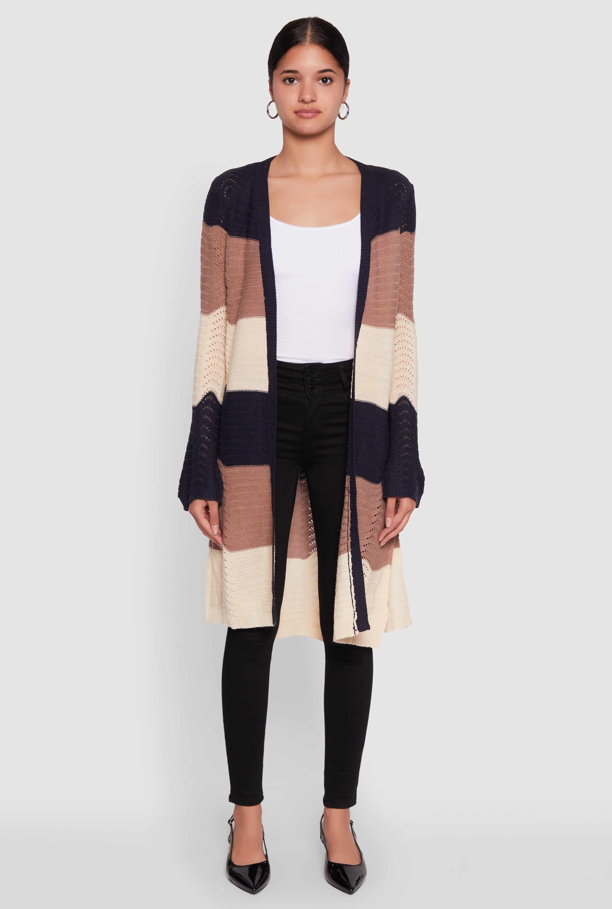 Trendy Crochet Color Block Long Sleeve Duster