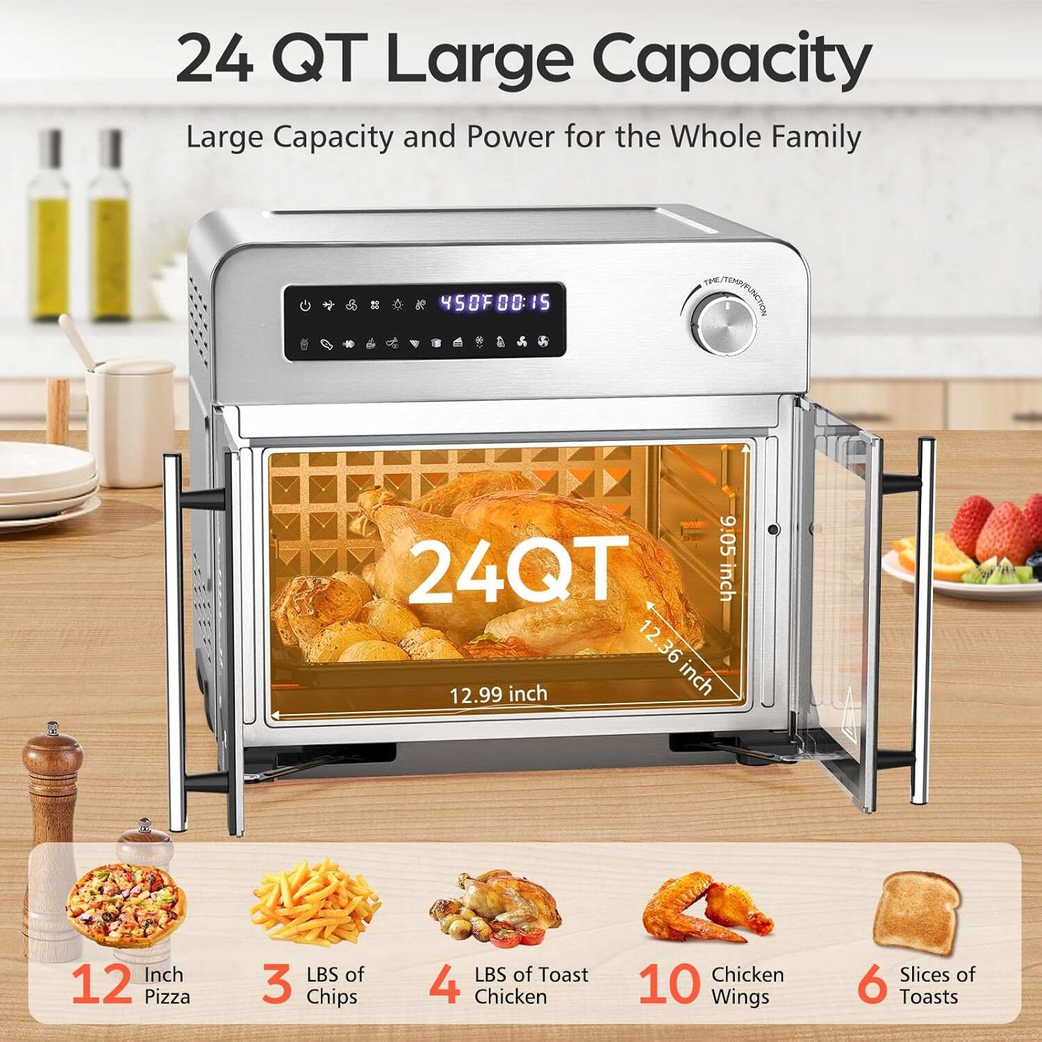 24QT French Door Air Fryer Toaster Oven Combo 10-in-1, 30% Faster 90% Less Oil, 102 Recipes & 7 Accessories, Stainless Steel
