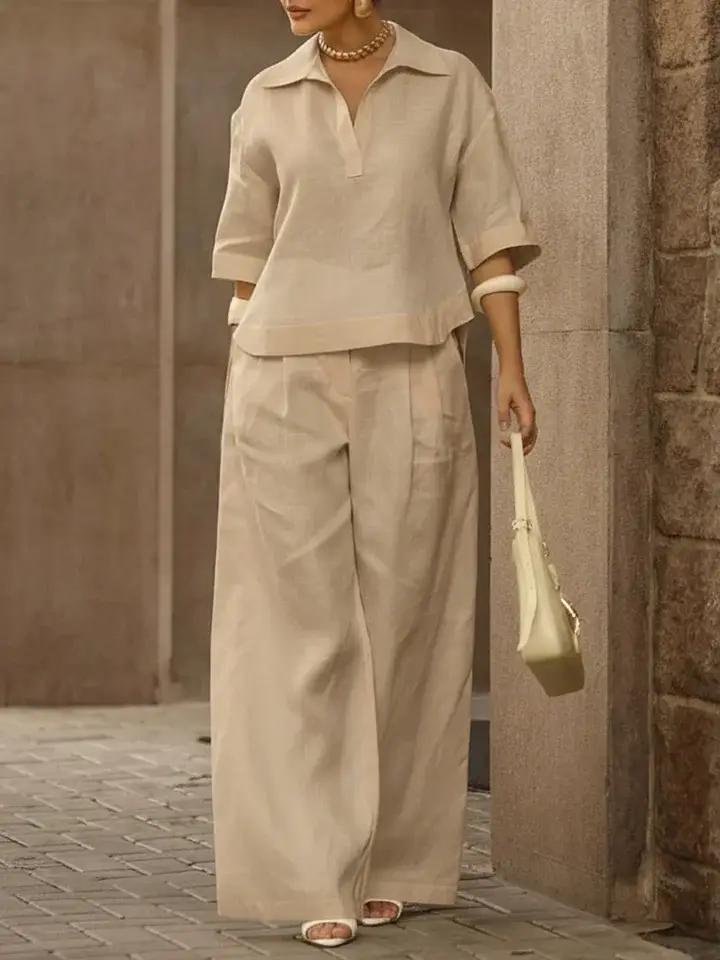 🔥Summer Arrivals🌟Women's Casual Linen And Cotton Shirt And Wide-leg Pants Two-piece Set