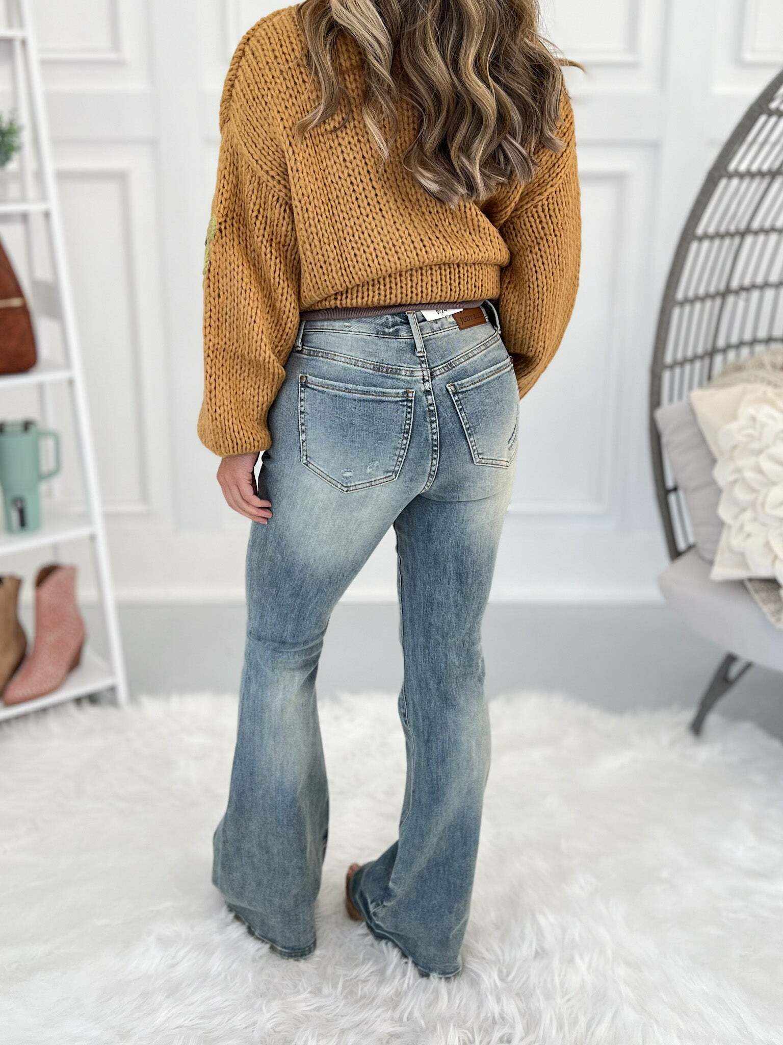 Just The Right Shade - Christmas Tinted Pin Tack Detail Flare Jeans- Final Sale
