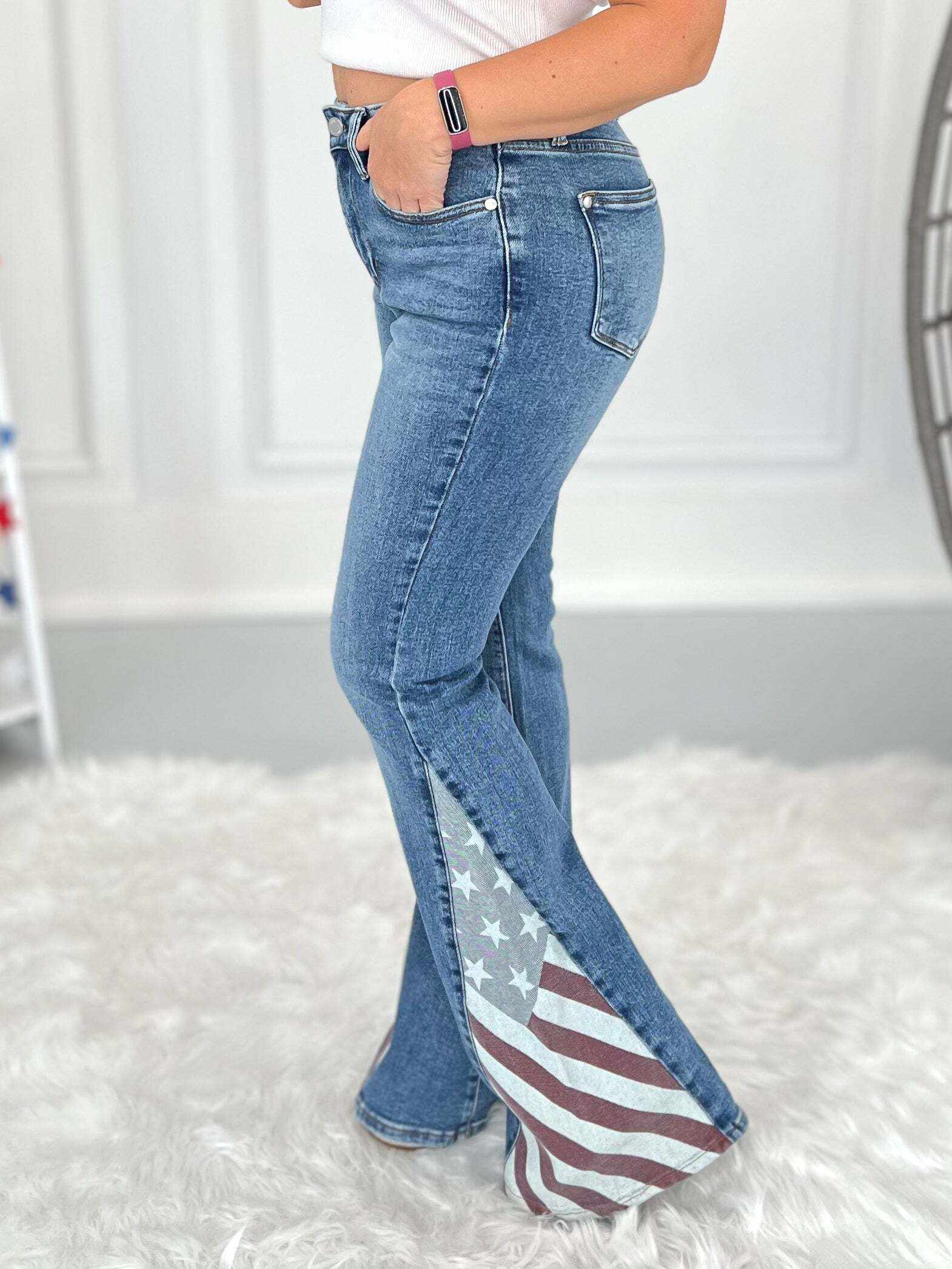 Should've Been A Cowboy - Christmas Americana Flag Print Flare Jeans - Final Sale