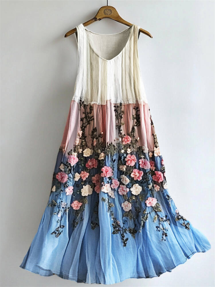 Floral Embroidered Transgender Colorblock Flowy Tank Dress