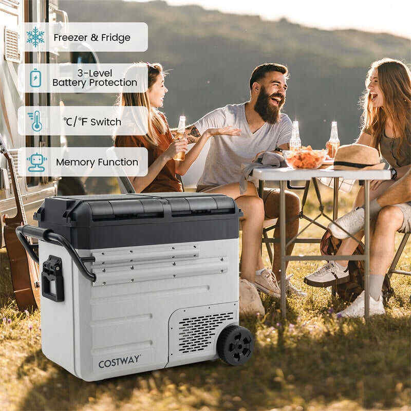 61 Quart Portable Car Refrigerator with Wheels 12/24V DC & 110-240V AC Dual-zone Electric Car Cooler Fridge for RV Camping Travel Home