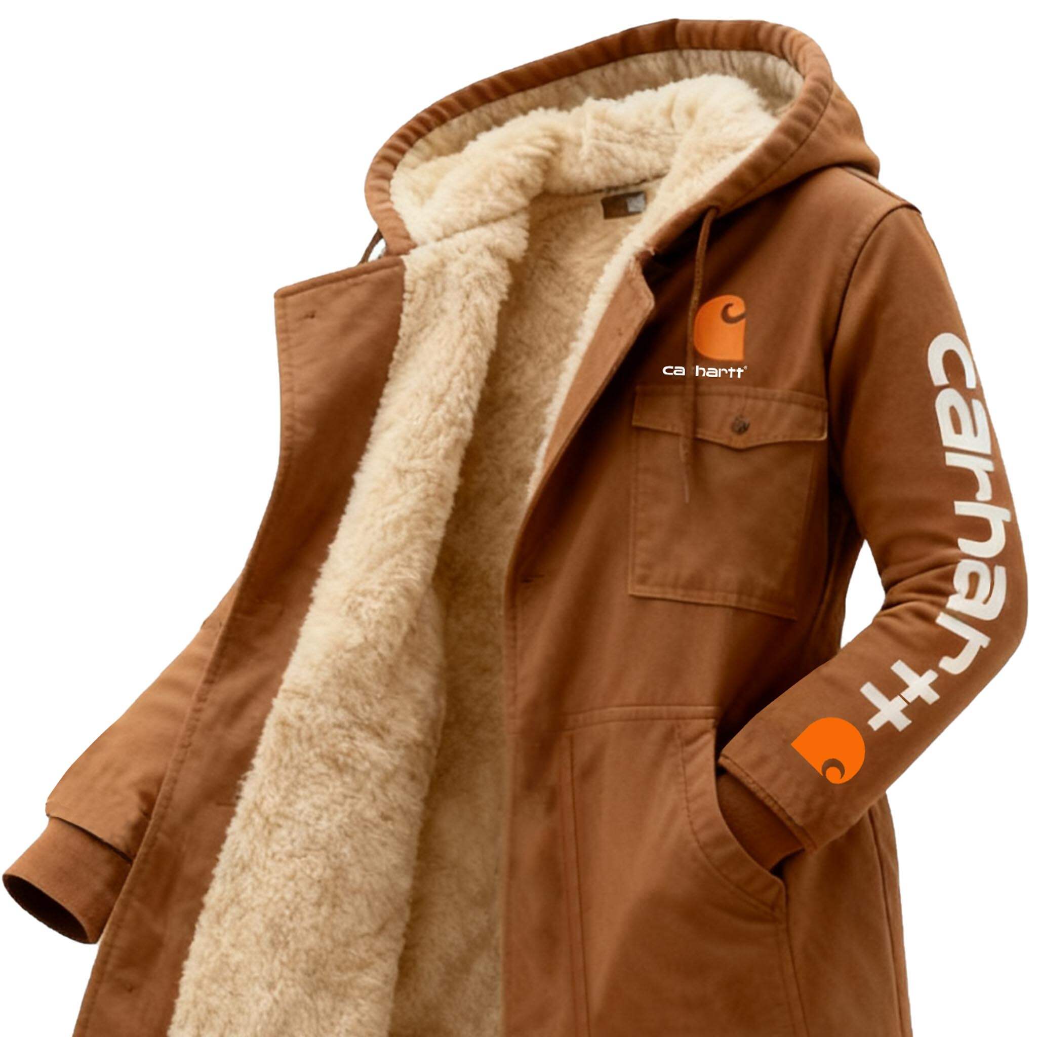 Women's Vintage Brown Workwear Fleece Pocket Long Hooded Coat