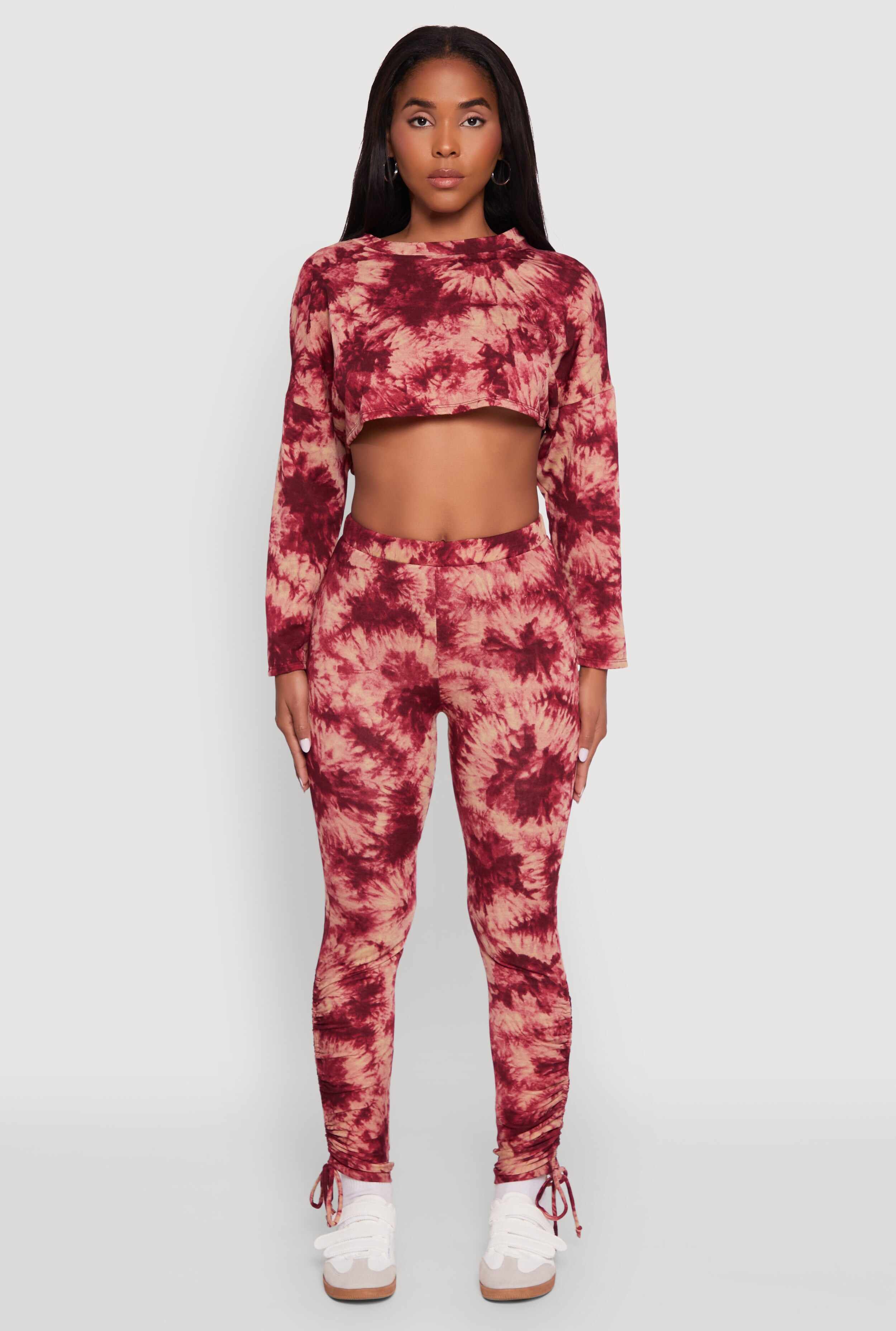 High Waisted Tie Dye Fleece Leggings with Drawstring Hem